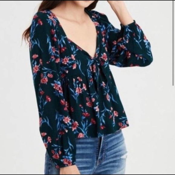 American Eagle Peasant Floral Tie Knot Blouse L - Picture 2 of 5